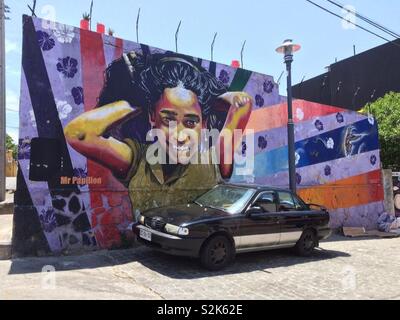 Farbenfrohe Wandgemälde auf den Straßen von Valparaiso, Chile Stockfoto