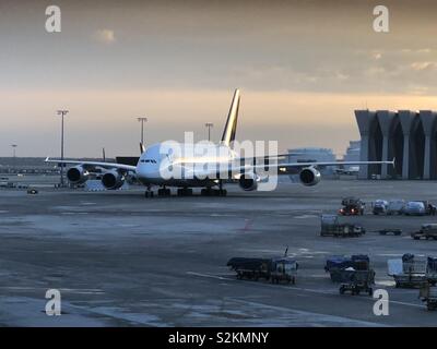 Lufthansa Airbus A380 A380-800 Abend low light Rumpf schwanz Reflexion Flughafen Frankfurt Flug reisen Stockfoto