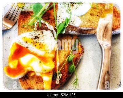 Sauerteig pouched Eier auf Toast Stockfoto