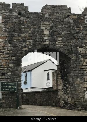 The Black Boy Inn, Caernarfon, Wales, durch das Schloss an der Wand gesehen. Stockfoto