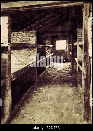 Retro Effekt pic. des Hinterbliebenen Hütten im Nazi Auschwitz II-Birkenau Concentration Camp. Diese Struktur wurde wahrscheinlich von jüdischen Frauen verwendet - unmenschlich crammed zusammen in diesen Schlafsälen. © CH. Stockfoto