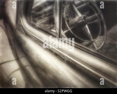 Vintage Cadillac Tür und Lenkrad in sepia Ton Stockfoto