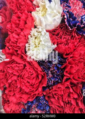 Fragrant Bouquet von bunten Sommer Blüten mit roten, weißen und blauen Nelken rechtzeitig zur Feier des vierten Juli Urlaub. Stockfoto