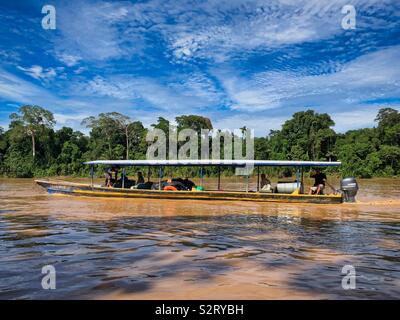 Touristenboot auf den Madre de Dios Fluß im Manu Nationalpark Manú, peruanische Amazonasgebiet Perú Perú Amazonasbecken Stockfoto