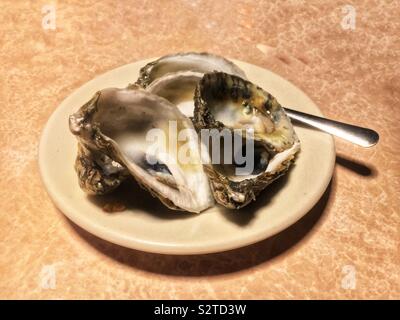 Leere Austernschalen auf einem kleinen weißen Platte mit einem kleinen Essbesteck. Stockfoto