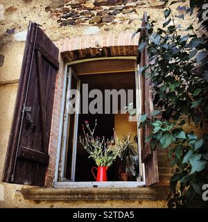 Haus Fenster mit Blumen in einem roten Wasser kann in die französische Landschaft Stockfoto