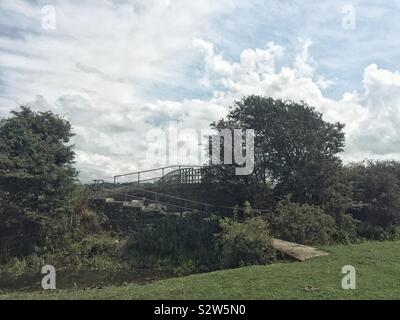 Schafe auf einer Brücke über einen Kanal im Landesinneren Anglesey in der Nähe von Llangefni auf einem öffentlichen Fußweg, North Wales, UK Stockfoto