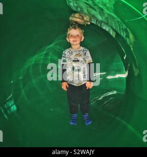 Zwei Jahre alten Jungen in einem grünen Tunnel, Woodlands Family Theme Park, Totnes, Devon, England, Vereinigtes Königreich. Stockfoto