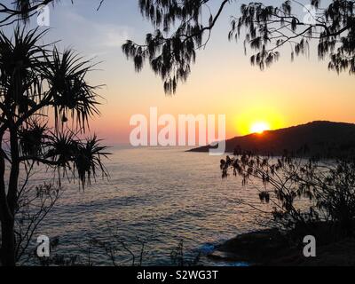 Sonnenaufgang über dem Meer in einem tropischen Wald in Noosa National Park, Sunshine Coast, Queensland, Australien Stockfoto