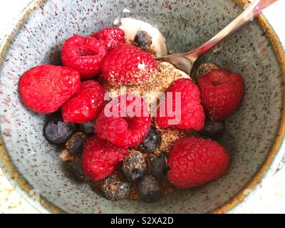 Yogurt with ground flax seed and berries in a bowl. Stock Photo