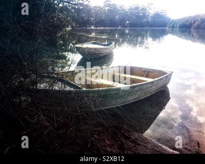 Zwei open air Aluminium Boote allgemein als in Australien tinnier nahe am Fluss im frühen Morgenlicht bekannt. Leere Sportfischerei Boote. Stockfoto