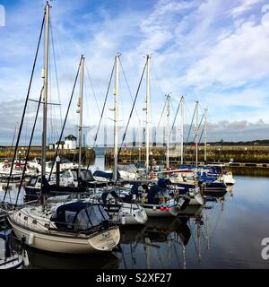 Victoria Dock Marina Caernarfon North Wales auf eine noch hellen sonnigen Morgen das Wasser reflektierende Oberfläche die Yachten und Suchen wie Glas Stockfoto