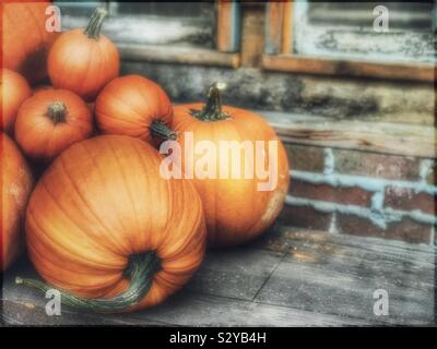 Kleiner Haufen Kürbisse auf einer Holzbank vor dem verwitterten Ziegelgebäude Stockfoto