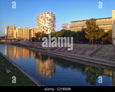 Immobilien am Ufer des Flusses Lez, Montpellier Frankreich Stockfoto