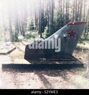 Amari Piloten Friedhof, ein gruseliges Sowjetischen Soldatenfriedhof in Estland mit Flugzeugen Schwanzflosse als ernste Markierungen Stockfoto