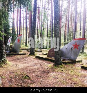 Amari Piloten Friedhof, ein gruseliges Sowjetischen Soldatenfriedhof in Estland mit Flugzeugen Schwanzflosse als ernste Markierungen Stockfoto