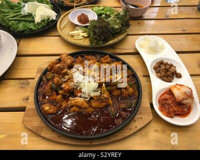 Bulgogi. Koreanisches Essen als "Feuer Fleisch" für mariniertes Schweinefleisch oder Rindfleisch mit marinierten Schweinefleisch oder Rindfleisch übersetzt. Pikante asiatische Lebensmittel mit Chili und Zwiebeln Stockfoto