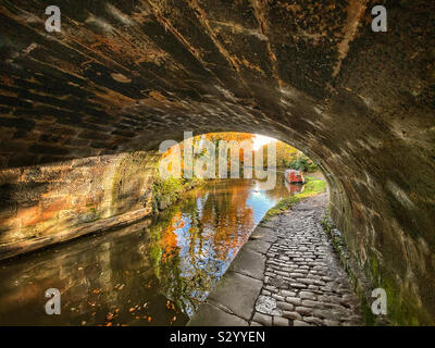 Herbst Farben unter der Steinernen Brücke am Leeds und Liverpool Canal in der Nähe von Adlington in Lancashire Stockfoto