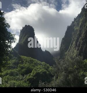 Die Nadel, eine schmale Landzunge im Iao Valley State Park, auf Maui, wird langsam von Wolken umhüllt. Stockfoto