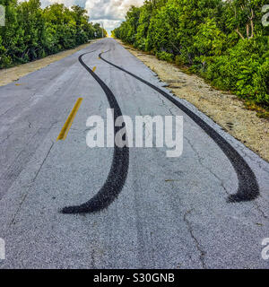 Schleuderspuren Bremsspur" am Ende einer Straße, Nr. Name Key, Florida, USA. Stockfoto