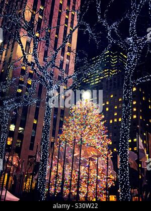 Der riesige, kultige Weihnachtsbaum im Rockefeller Center ist umgeben von silbernen und goldenen Fahnen und funkelnden Lichtern an anderen Bäumen, NYC, USA Stockfoto
