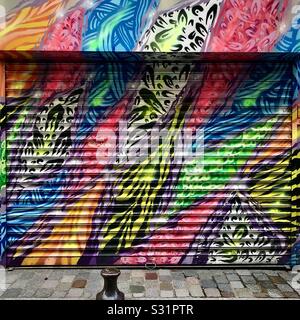 Street Art auf einer geschlossenen shop Sicherheit Verschluss in der Bastille Viertel von Paris, Frankreich. Stockfoto