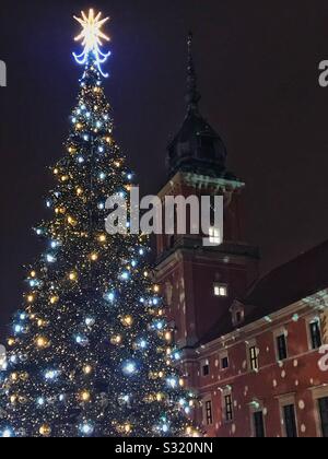 Beleuchtete Weihnachtsbaum und das Königliche Schloss in der Altstadt bei Nacht, Warschau, Polen Stockfoto