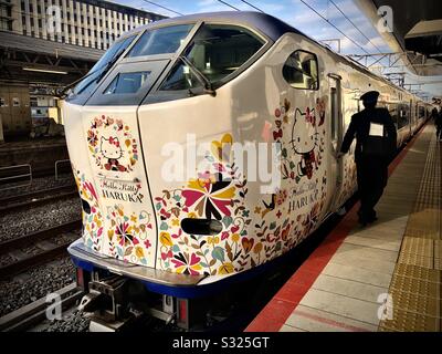 Haruka Schnellzug, der den internationalen Flughafen Kansai mit Kyoto und Osaka verbindet Stockfoto