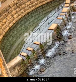 Dubuque, IOWA, 01/25/20-Landschaftsfoto von Wasser, das in einem Pool reflektiert wird, der an einem Wintertag über Kalksteinwand in Wasserscheide/Bach des lokalen Wassereinzugsgebietes kaskadiert wird. Stockfoto