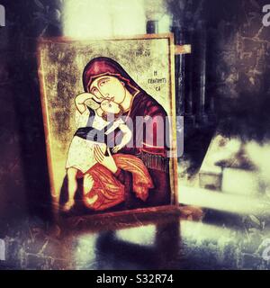 Religiöse Ikone Madonna mit Kind Jesus Gemälde in der Kathedrale von Worcester UK Stockfoto