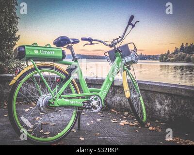 Mit dem Fahrrad können Sie den Lake Washington in Seattle, Washington, überblicken Stockfoto