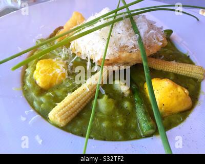 Gourmet-Entrée mit grünem Spargelrisotto, serviert mit Baby-Mais, pattenem Pan-Squash, Squashblüten und Schnittlauch, Vereinigte Staaten Stockfoto