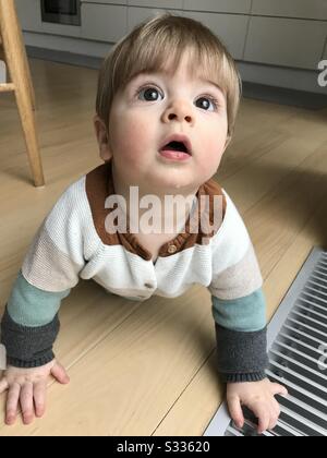 Schöner Kleinkind, der auf einem Holzboden krabbelt und mit großen Augen aufblickt. Stockfoto