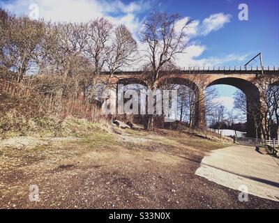 Grüne Bäume vor einer Eisenbahnbrücke. Chester Burn Eisenbahnviadukt mit hohen roten Ziegelsteinbögen. Lokale Architektur in Nord-Ost-England. Stockfoto