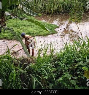 Ein Mann träumt einen Bewässerungskanal für Reisfelder, Candidasa, Bali, Indonesien Stockfoto