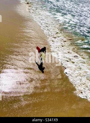 Surfer spaziert am Strand hoch. Manhattan Beach, Kalifornien, USA.