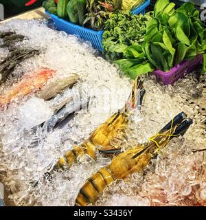 Fisch, Garnelen und Gemüse zum Verkauf in einem Straßenrestaurant in Jalan Alor, einem Lebensmittelmarkt in Bukit Bintang, Kuala Lumpur, Malaysia Stockfoto