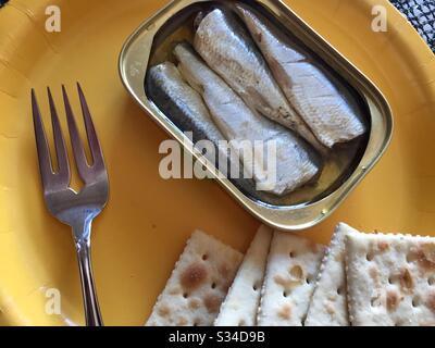 Flach legen Sie eine Zinn aus Sardinen und Salzinkrackern zusammen mit einer Gabel auf einer gelben Papierplatte Stockfoto