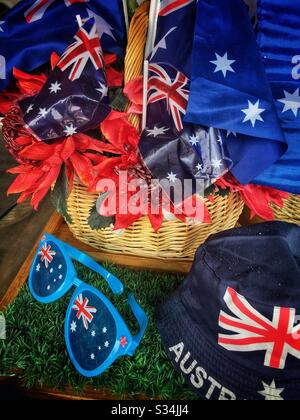 Anzeige in einem Fenster der Metzgerei für Australia Day, Blackheath, Blue Mountains, NSW, Australien Stockfoto