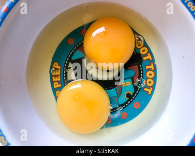 Ein paar Eier in einer Plastikschüssel. Stockfoto
