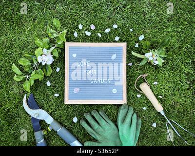 Liebe deinen Garten. Gartenkonzept mit Filzbriefbrett, Handpflaume, schmutzigen Handschuhen und einem beschnittenem Ast mit Blüten von einem Apfelbaum auf einem grünen Rasen Stockfoto