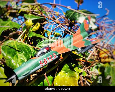 Spielzeug-Mig-21 in einer Hecke stecken Stockfoto