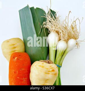 Frische Bauernmarktprodukte isoliert vor weißem Hintergrund. Lauch, Frühlingszwiebeln, Karotten, Pastinaken. Bio-Gemüse. Stockfoto