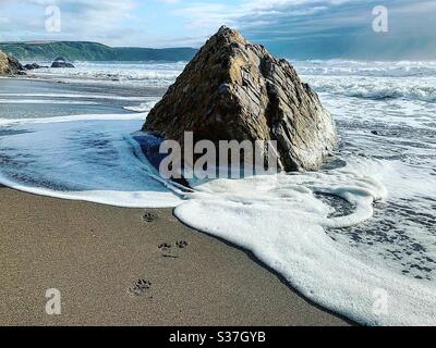 Aus dem Meer in Cornwall strömen Wellen aus dem Meer. Stockfoto