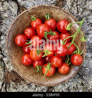 Frisch gepflückte reife Kirschtomaten in einer antiken Holzschüssel auf alten Baumstumpf gelegt. Stockfoto