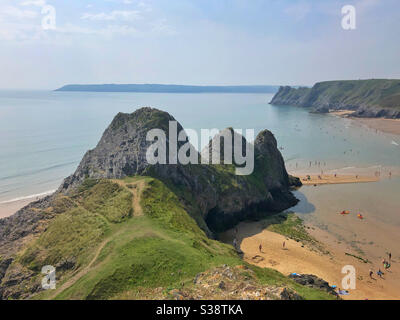 Die drei Klippen von drei Klippen Bucht, Gower, Swansea, Wales, August. Stockfoto