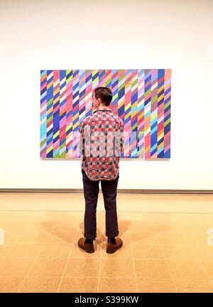 Besucher mit kontrastierendem Musterhemd in der Kunstgalerie vorne Von Bridget Riley Malerei Stockfoto