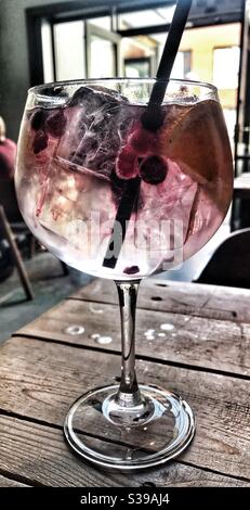 Gin und Tonic mit Eis, Himbeeren, Orangenscheiben und roten Johannisbeeren Stockfoto