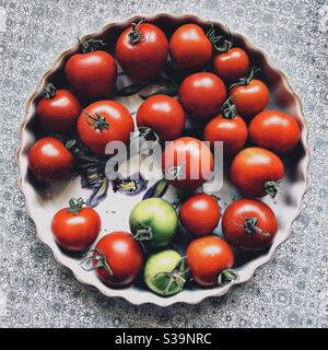 Frisch gepflückte, hausgemachte Tomaten im Spätsommer Stockfoto