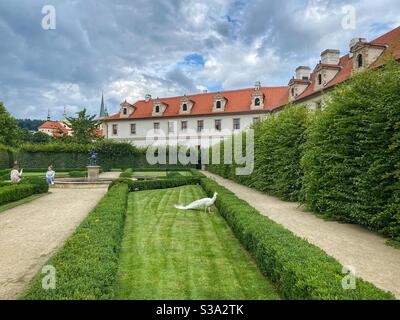 Weißer Pfau im Wallenstein Garten (Valdstejnska zahrada) im Herzen von Prag. Stockfoto